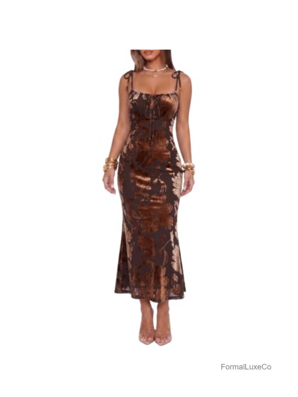 Velvet Floral Print Bow Spaghetti Strap Midi Dress Sleeveless Bodycon